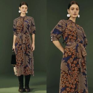 Farm Rio Yawanawa Vanahu Midi Blue Orange Shirt Dress Size S